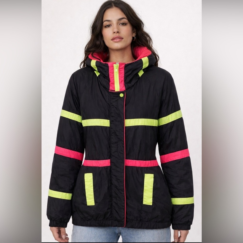 Vintage Retro Neon Colorblock Puffer Jacket | 80s Ski Vibes